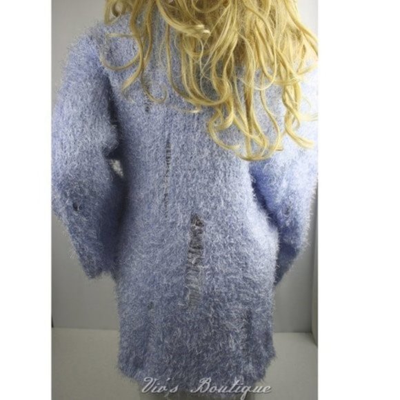 Blue Distressed Eyelash Relaxed Fit V-Neck Off Shoulder Sweater - Picture 6 of 11
